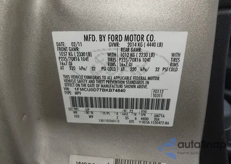 2011 Ford Escape Xlt из США, поврежденный, VIN 1FMCU0D77BKB74840